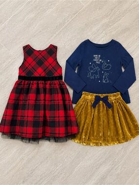 Cat & Jack Girls 3T Holiday Bundle Plaid Dress Velvet Skirt Long Sleeve 3PC